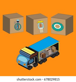 Vector illustration of logistic transportation of goods and equipment, the truck with the boxes