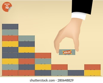 vector illustration of logistics concept design, loading cargo containers by business man hand