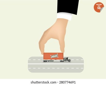 Vector Illustration Of Logistics Concept Design, Loading Cargo Containers To Cargo Truck On The Road By Business Man Hand