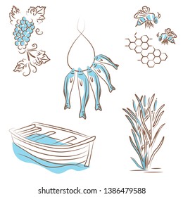 Vector illustration, logo about summer types of recreation on the river. Sketches of boats, reeds, fishing, fish on a rope, bees collect honey, honeycombs, grapes, wine.