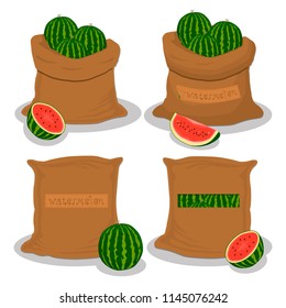 Vector illustration logo for bags filled with red watermelon, storage in sacks. Watermelon pattern consisting of ripe food, raw product on open Sack. Tasty watermelon from eco sack, full baggy bag.