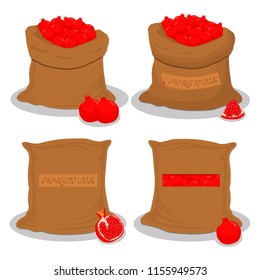 Vector illustration logo for bags filled with red pomegranate, storage in sacks. Pomegranate pattern consisting of ripe food, raw product on open Sack. Tasty pomegranate from eco sack, full baggy bag.