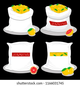 Vector illustration logo for bags filled with citrus grapefruit, storage in sacks. Grapefruit pattern consisting of ripe food, raw product on open Sack. Tasty grapefruit from eco sack, full baggy bag