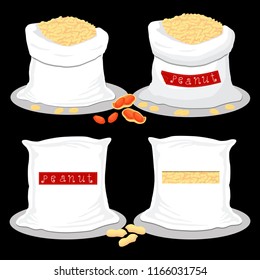 Vector illustration logo for bags filled with nuts peanut, storage in sacks. Peanut pattern consisting of ripe food, raw product on open Sack. Tasty fruit peanut nut from eco sack, full baggy bag.