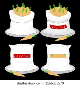 Vector illustration logo for bags filled with vegetable parsnip, storage in sacks. Parsnip pattern consisting of ripe food, raw product on open Sack. Tasty fruit parsnip from eco sack, full baggy bag