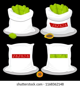 Vector illustration logo for bags filled with tropical fruit papaya, storage in sacks. Papaya pattern consisting of ripe food, raw product on open Sack. Tasty papaya from eco sack, full baggy bag.