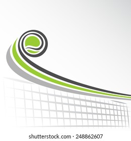 Vector illustration of the logo for ball of lawn tennis, consisting of isolated illustration  flying over net green tennis ball closeup on white background