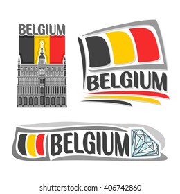 Vector illustration of logo Belgium, 3 isolated illustrations: national flag behind King's House in Brussels, horizontal symbol of Belgium architecture and belgian national state flag, faceted diamond