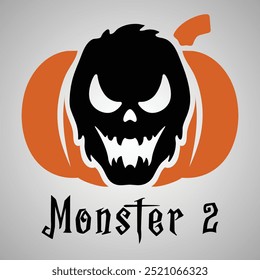 A vector illustration and logo of a black 
scary monster face featuring sharp teeth, with an orange pumpkin behind it, perfect for Halloween designs that capture a spooky and playful vibe.