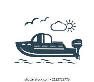 Vector illustration, logo, boat icon. Motor boat. Tourism and recreation. Isolated on a white background.