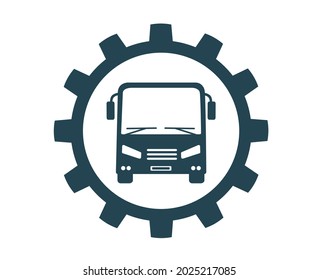 Ilustración vectorial del logotipo, icono del bus y rueda de engranajes. Aislado sobre un fondo blanco.