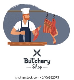 Vector illustration logo for a butcher shop with a bearded butchers at work with a book and a knife in their hands. Lettering butchers shop bottom illustration.