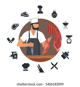 Vector illustration logo for butcher shop with bearded butcher at work with a knife in his hand. A set of flat kitchen and butcher work themed icons around it.