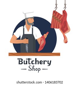 Vector illustration logo for a butcher shop with a bearded butcher at work with a knife in his hands. "Butchery shop" lettering  on bottom.