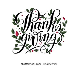 Vector illustration for logo, cards, labels, web, banners, icon. Hand drawn Happy Thanksgiving typography poster.