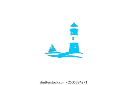Vector illustration of a logo with a cartoon lighthouse and sailboat