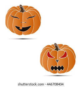 Vector illustration of logo for celebrating children's holiday halloween, yellow pumpkin close-up on background. Pumpkin drawing consisting of monster to poster, party halloween, smile in pumpkins.