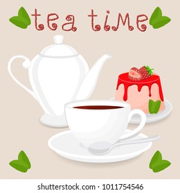 Vector illustration logo for ceramic cup, white teapot, teacup on saucer, berry cheesecake. Teacup pattern of tea brewed in porcelain cups, teapot, cheesecakes. Drink teas in teacups from teapots.