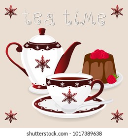 Vector illustration logo for ceramic cup, white teapot, teacup on saucer, berry cheesecake. Teacup pattern of tea brewed in porcelain cups, teapot, cheesecakes. Drink teas in teacups from teapots.