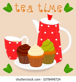 Vector illustration logo for ceramic cup, colorful teapot, teacup, sweet cupcakes in saucer. Teapot pattern consisting of tea brewed in porcelain cups for cupcake. Cupcake, hot teacups, color teapots.