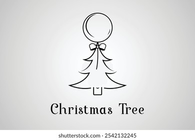 A vector illustration and logo of a Christmas tree with a festive balloon tied with a gift-style ribbon, floating above. Perfect for Christmas-themed decorations, branding, and holiday spirit designs.