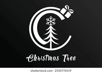 A vector illustration and logo of a Christmas tree wrapped within a "C"-shaped circle with a gift box, all in white, perfect for holiday branding and seasonal designs and business cards or logo.