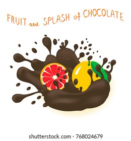 Vector illustration logo for citrus fruit red grapefruit, splash of drop chocolate. Grapefruit pattern consisting of splashes drip flow liquid Chocolate. Eat citrus fruits grapefruits in chocolates.