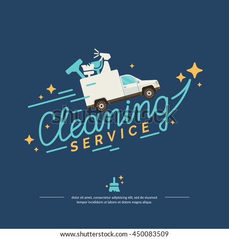 Vector illustration logo for a cleaning service. Car with tools on blue background in flat style suited for advertising, poster, web design, website