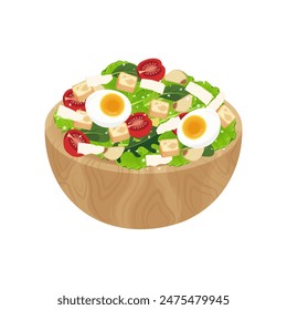 Vector illustration logo Clip art Caesar Salad on a wooden bowl