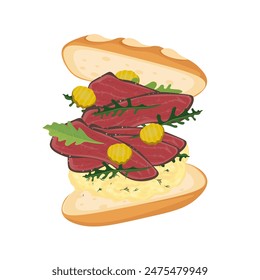 Vector illustration logo Clip art Levitation Baguette sandwich Pastrami