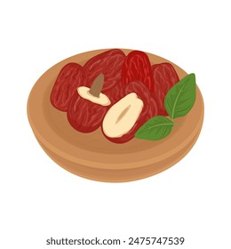 Vector illustration logo Clip art dried red dates or jujube on a wooden bowl