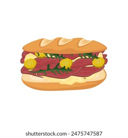 Ilustración vectorial logo Clip arte Baguette sandwich Pastrami aislado