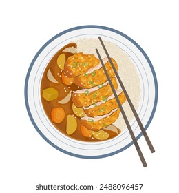 Vector illustration logo Clip art Top view Japanese katsu curry with chopstick