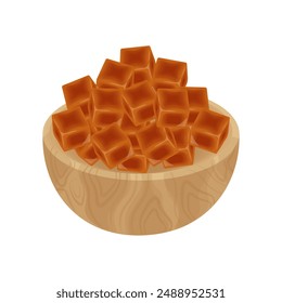 Vector illustration logo Clip art Cube Butterscotch Caramel candies on a wooden bowl