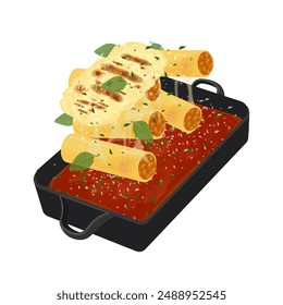 Vector illustration logo Clip art Levitation Cannelloni pasta on a pan with bolognese sauce