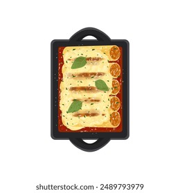 Vector illustration logo Clip art Top view Cannelloni pasta on a pan with bolognese sauce