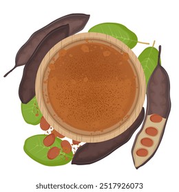 Vector Illustration Logo Clip art Top View Carob pods or Ceratonia Siliqua and Carob Powder