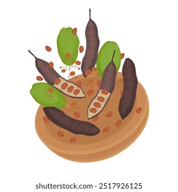 Vector Illustration Logo Clip art Levitation Carob pods or Ceratonia Siliqua on a Wooden Bowl