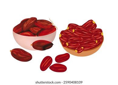 Vector illustration logo Clip art dried red dates or jujube on a wooden bowl Dried dates fruits with Brown bowl isolated on white background.