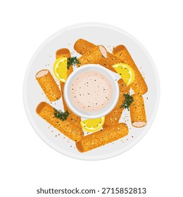 Vector Illustration Logo Clip art Top View Air Fryer Fish Fingers or Fish Stick on a Plate