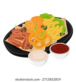 Vector Illustration Logo Clip art Fast Food Snack Mix Platter with Sauce