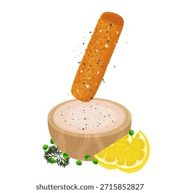 Vector Illustration Logo Clip art Fish Fingers or Fish Stick Dipped in a Sauce