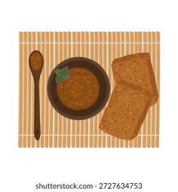 Vetor Illustration logotipo Clip art Vista superior Doenjang coreano com Meju ou soja fermentada 