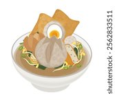 Vector Illustration Logo Clipart Bakso Kuah komplit or indonesian meatballs soup on a white bowl