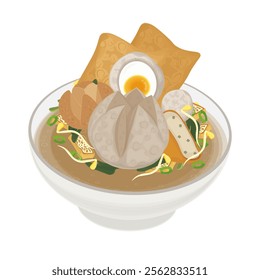 Vector Illustration Logo Clipart Bakso Kuah komplit or indonesian meatballs soup on a white bowl