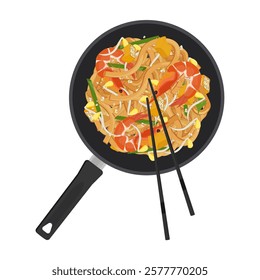 Vector Illustration Logo Clipart Cooking Shrimp Pad Thai on a Pan