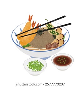Vector Illustration Logo Clipart Delicious Tenzaru Soba on a Bowl with tempura shrimp and Vegetables Tempura