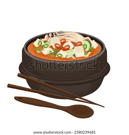 Vector Illustration Logo Clipart Delicious Doenjang Jjigae Korean Silken Tofu Soup on a Ttukbaegi