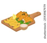Vector Illustration Logo Clipart Fish and Chips With 
Tartar Sauce on a Wooden Plate