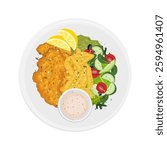 Vector Illustration Logo Clipart Fish and Chips with Vegetables Salad and Tartar Sauce 